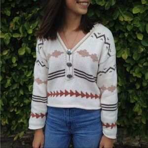 Vintage Southwestern Sweater Turquoise Cotton Western Tribal Knit Rolled Hems S